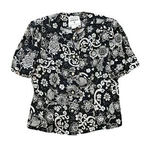 Teri Jon Rickie Freeman Linen Floral Short Sleeve Jacket Top Beige Black Size 8